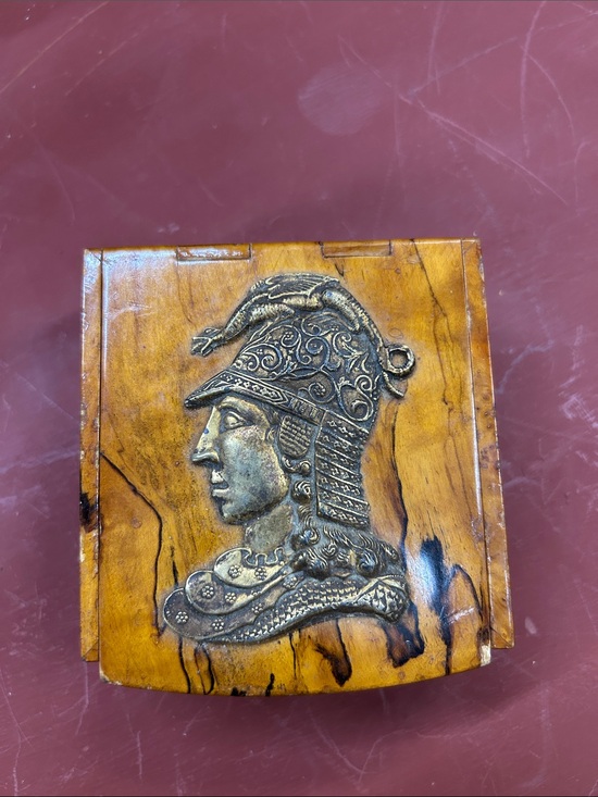 Other - Handsome burl wood box mythological dragon on armored soldier relief